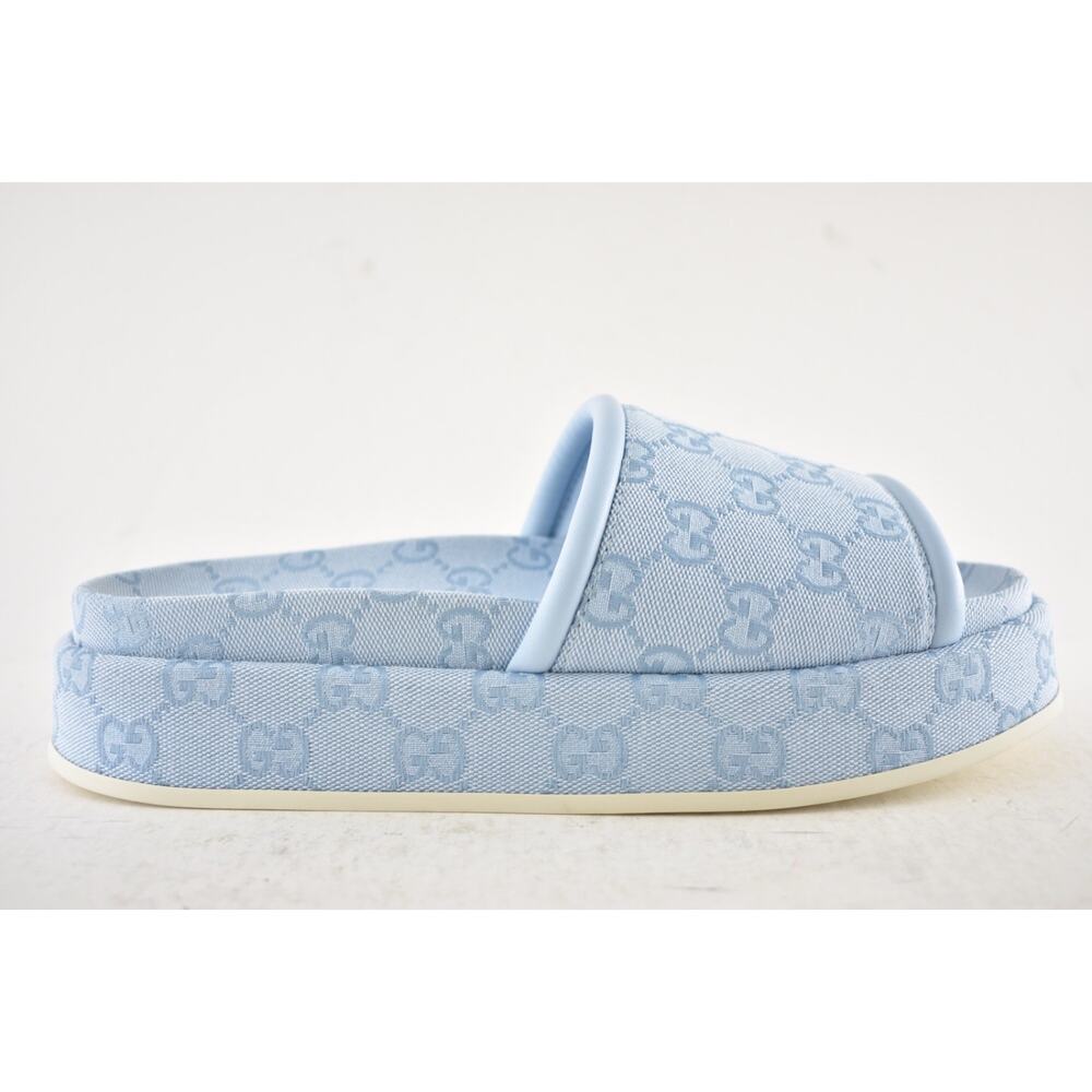 Gucci Light Blue GG Monogram Logo Canvas Mule Flat Slide Platform Sandal 39.5 - Picture 2 of 16